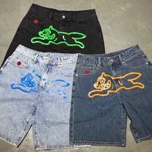 Y2k Summer Harajuku Hip-Hop Gothic Colored Flying Dog Printed Denim Shorts High Street Loose Casual Straight Cropped Jeans