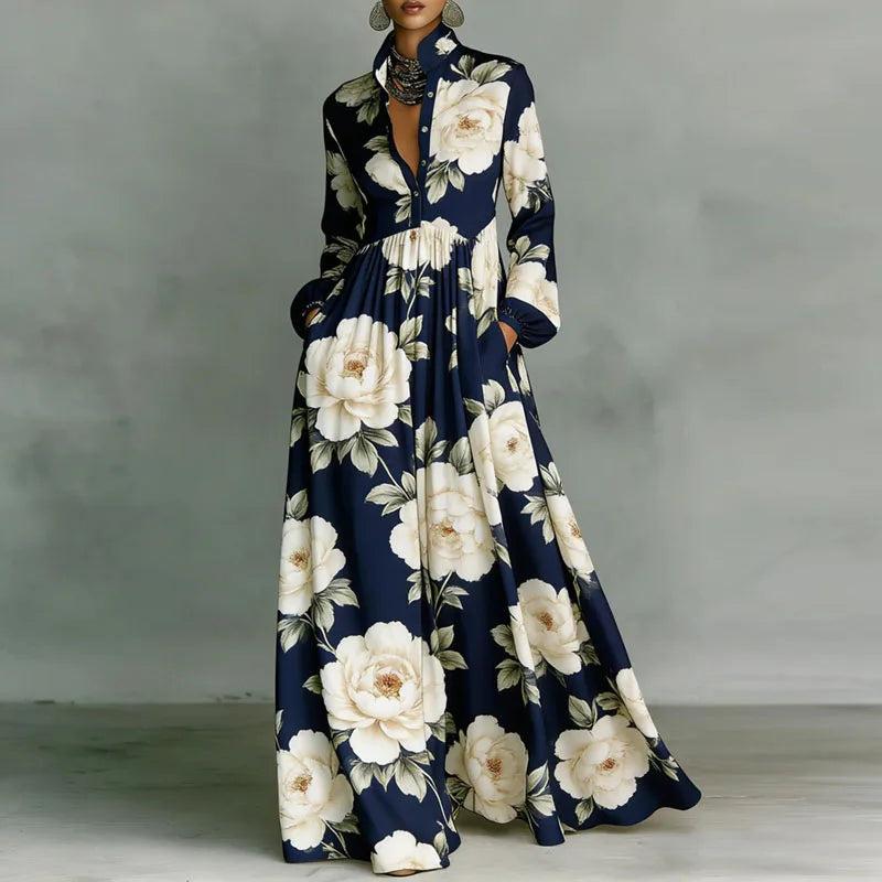Retro Pattern Print High Waist Pleated Dress Woman Spring Shirt Collar Button Pockets Maxi Dress Long Sleeve Boho Vacation Dress