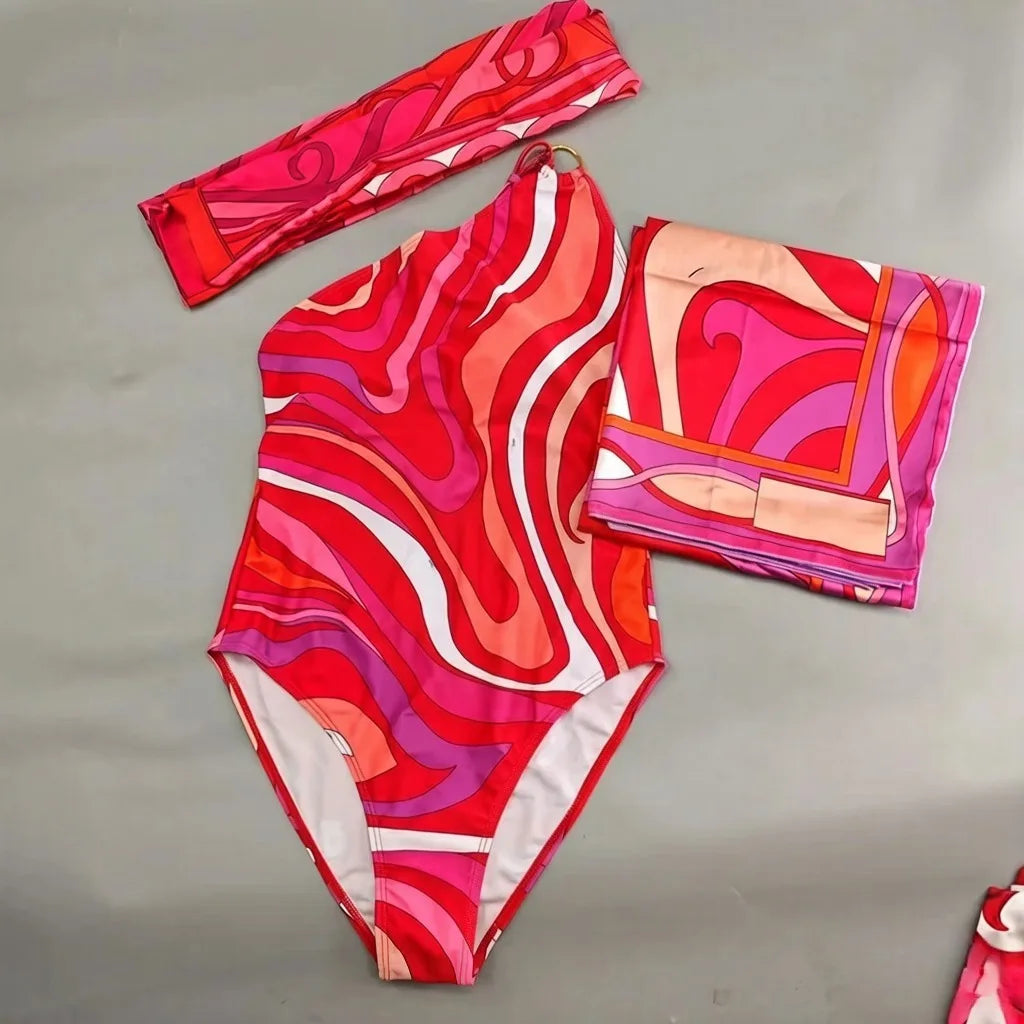 2026 Fashion Design Women's Red Scarf Sling Swimsuits Classic Brand Lady Scarf Bikini Sets with Letter Signature Logo