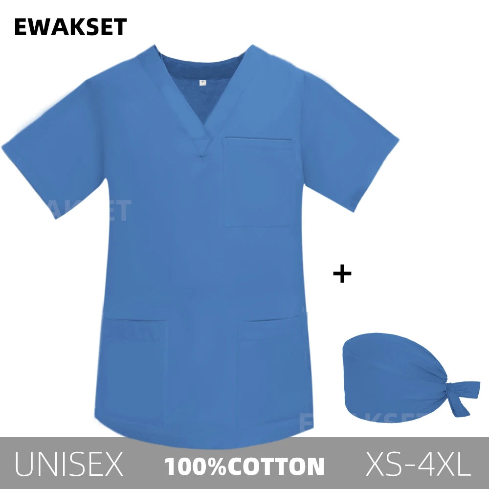 Unisex Solid Surgical Top 100% Cotton Shirt medical Uniforms Short Sleeve V-neck 3 Pocket Scrub Tops for Women Men