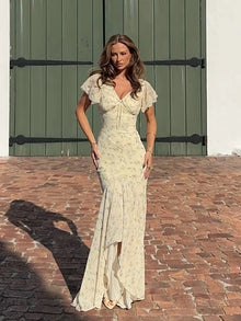 Robe longue fleurie pour femme, col en V, manches à volants, bordure en dentelle, taille haute, en mousseline, style décontracté, idéale pour l'été, les vacances ou le quotidien