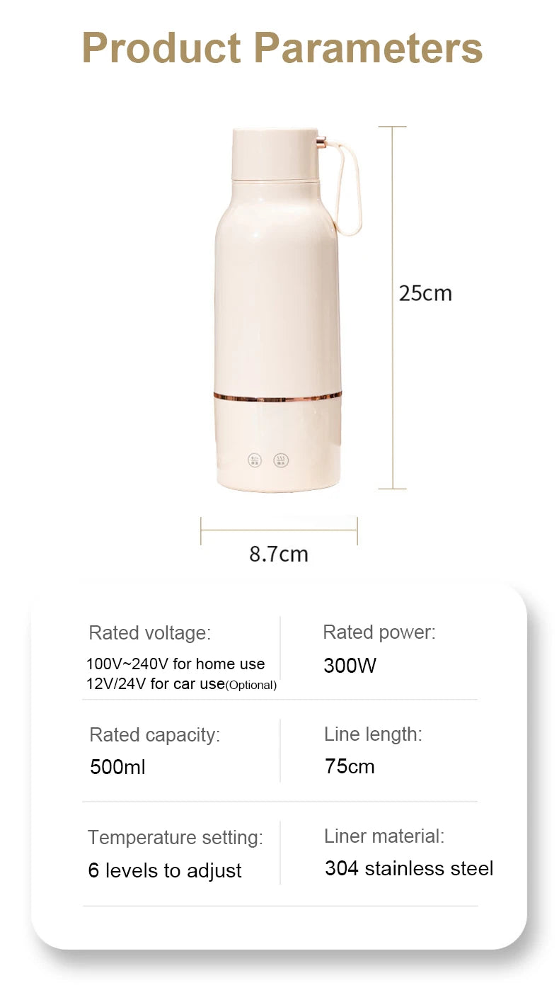 12V/24V/110V/220V Temperature Control Electric Kettle Car Travel Insulation Heating Cup 500ml Hot Water Boiler Coffee Tea Bottle