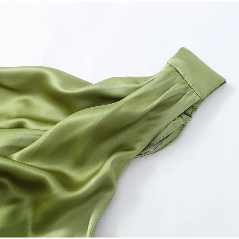 Women Green Ruched Elegant Satin Maxi Dress Mermaid One-shoulder Cutout Slim Fit Flowy Vestido 2026 Lady Summer Evening Vestidos