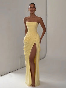 Women Strapless Pleated Long Dress Elegant Solid Split Sleeveless Backless High Waist Slim Fit Maxi Dresses 2026 Lady Party Robe