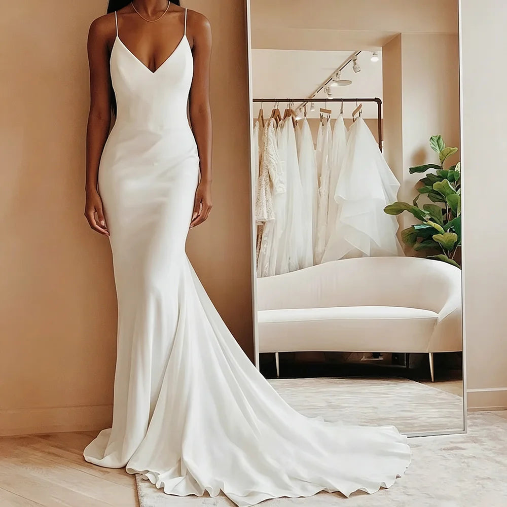 Customized Modern Simple Satin Wedding Dresses V-neck Spaghetti Straps Backless Formal Pleated Bridal Grown vestidos Sweep Train