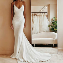 Customized Modern Simple Satin Wedding Dresses V-neck Spaghetti Straps Backless Formal Pleated Bridal Grown vestidos Sweep Train