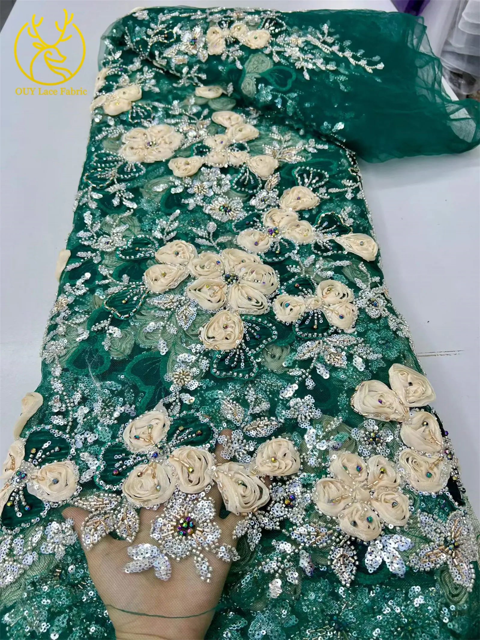 Beautiful Nigerian 3D Flower Lace Fabric 2026 African Beaded Sequins Lace Fabric French Embroidery Tulle Lace Wedding Dress