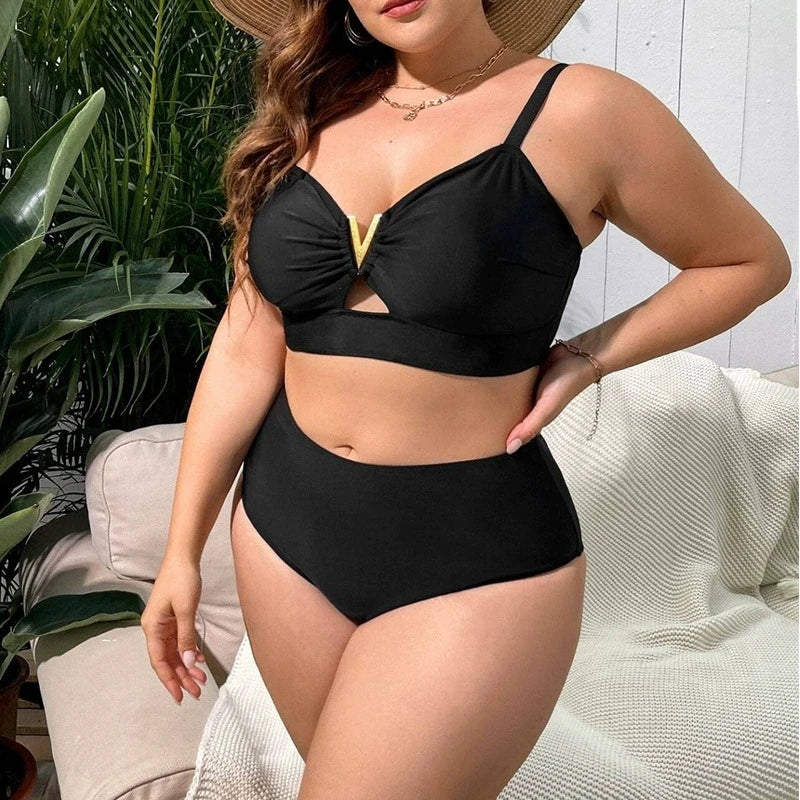 2026 Black V Neck Plus Size Swimwear Women High Waist Large Two Piece Swimsuit Lady Hollowed Out Chubby Big Curvy Bathing Suit