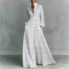 Retro Pattern Print High Waist Pleated Dress Woman Spring Shirt Collar Button Pockets Maxi Dress Long Sleeve Boho Vacation Dress