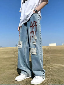 Y2k Streetwear Printed Ripped Hole Jeans Men Wide Leg Denim Baggy Pants Vintage Casual Jeans Straight Trousers