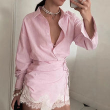 Striped Mini Dress Women Lapel Single Breasted Lace Dress