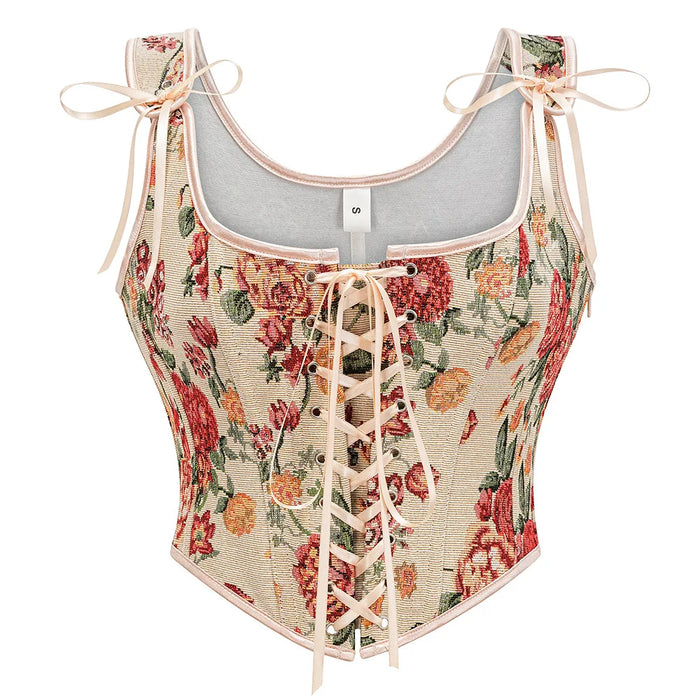 Sexy Beige Corset for Women Vintage Cute Red Floral Print Bustier Corsets Waist Trainer Summer Elegant Lace-up Camisole Shaper