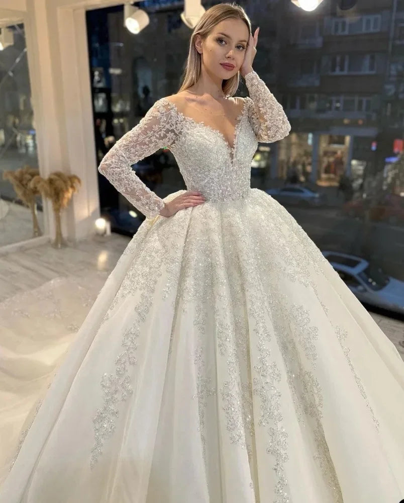 Flavinke Customized A-Line Wedding Dresses Women Sequins Appliques Bridal Gown O-Neck Long Sleeves Sweep Train Vestidos De Novia