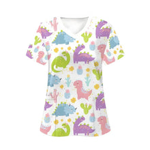 Clinical Uniform Woman Dinosaur Cartoon Print Vet Scrubs Woman Tops V-Neck Short Sleeve with Micro Stretch Nurse Uniform Woman