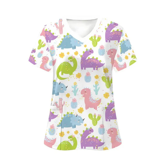 Clinical Uniform Woman Dinosaur Cartoon Print Vet Scrubs Woman Tops V-Neck Short Sleeve with Micro Stretch Nurse Uniform Woman