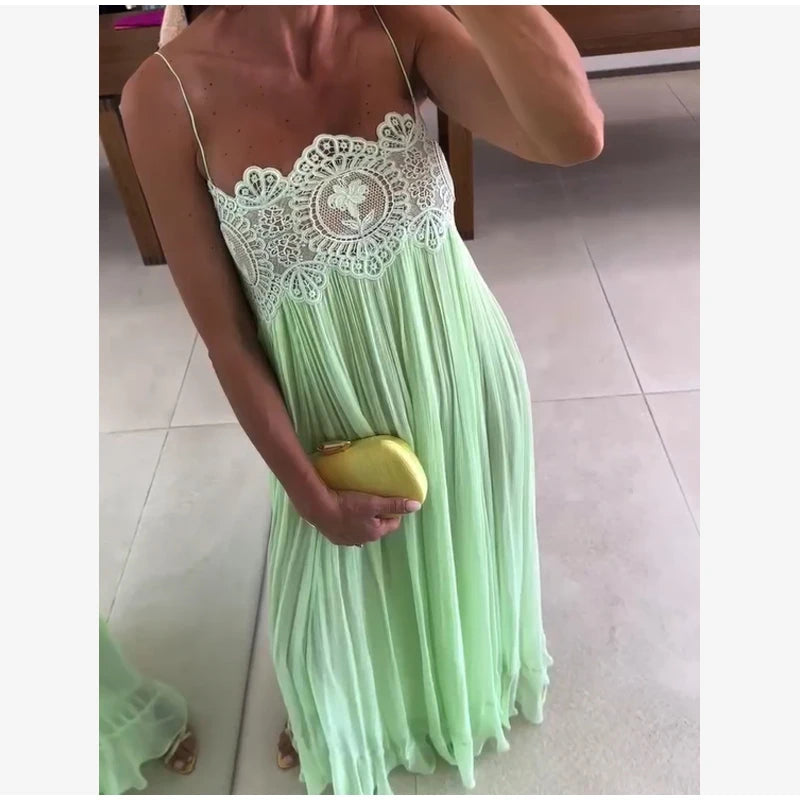 Light Blue Halter Neck Pleated Mini Dress Lady Sleeveless High Waist Hollow Lace Short Vestidos Summer Women's Vacation Outfit