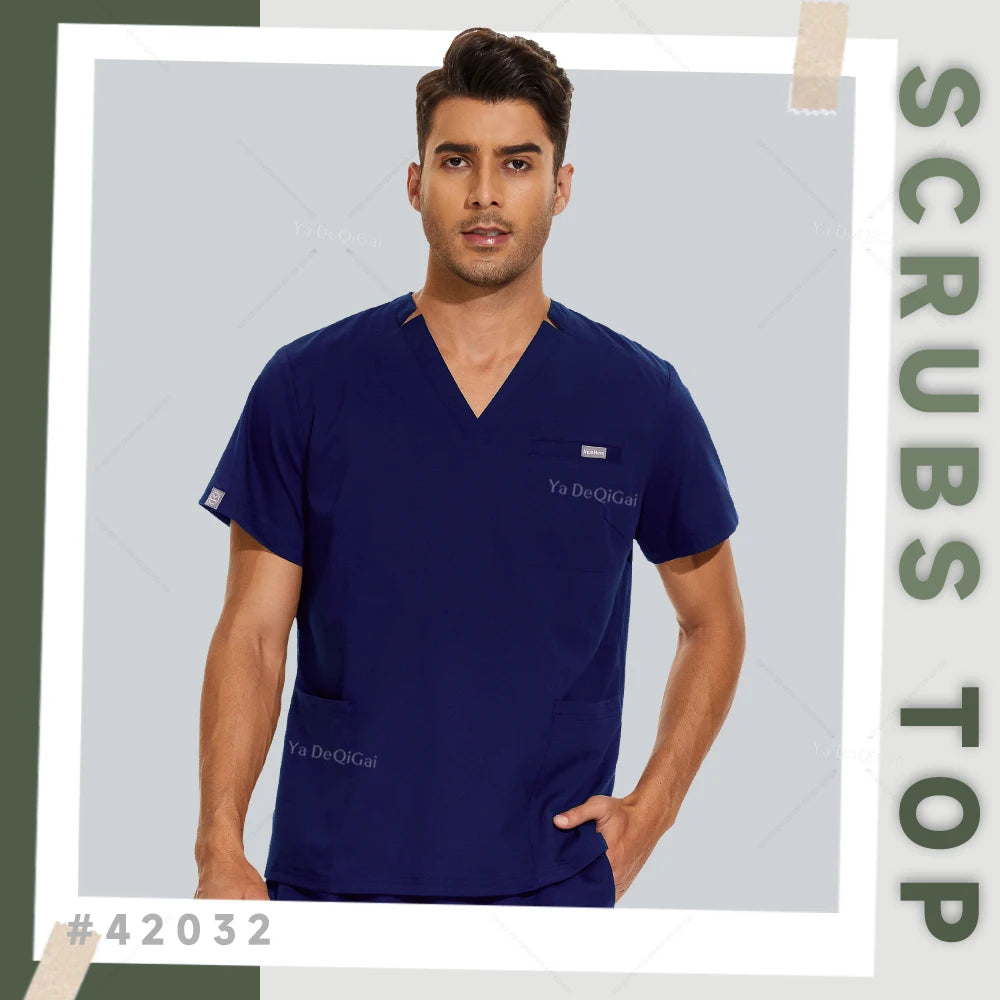 2XL Clinical Workwear Men Scrubs Tops Medical Uniforms Nursing Work Shirts Classic V-Neck Clinical Scrub Top Short Sleeve Blouse