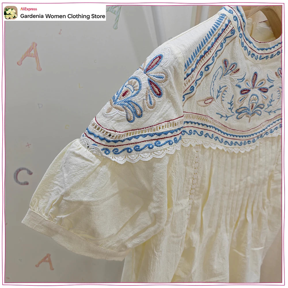 Stylish Embroidered Short Sets for Women Summer Matching Sets Round Neck Embroidered Short Sleeve Blouse and High-waisted Shorts