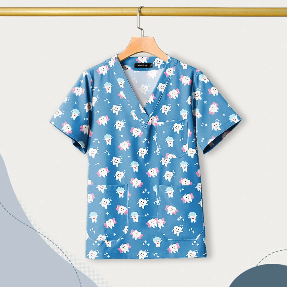 Nursing Uniforms Cartoon Printed Medical Elastic Hospital Doctor Unisex Halloween Christmas Costumes Women Men Nurse Scrubs Tops