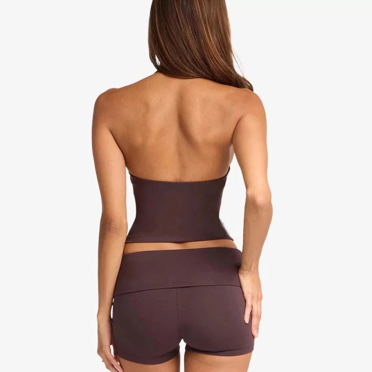C-B Women Halter Open Back Yoga Tank Top Fold Over Waist Biker Shorts Workout Set for Gym Pilates Training