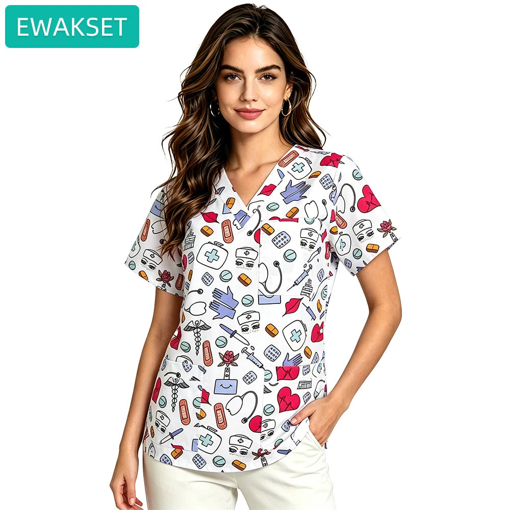 Unisex Printed 100% Cotton Scrub Top and Solid Stretch Pants Medical Uniform for Hospital Staff Nurses Doctor