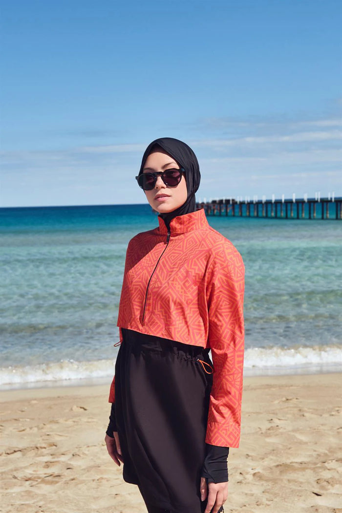 Ensemble de 4 pièces Burkini femme musulmane, tenue de sport imprimée, coupe ample, extensible, protection UV UPF50 avec fermeture éclair