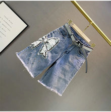 Ladies' Beaded and Sequined Denim Cropped Pants, New Summer Style, Raw-edge Straight-cut, Slim-fitting, Versatile Shorts
