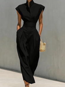 Summer New High Waist Pocket Dress Elegant Lady Slim Pleated Midi Dresses Fashion Solid Stand Collar Sleeveless Commuting Dress