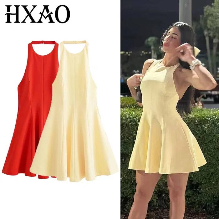 HXAO Halter Short Dress Womens Dresses Red Yellow Dress Woman Summer 2025 Ruffled Backless Sleeveless Vestidos Elegant Dress 066