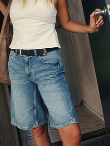 New Womens Knee Length Denim Shorts Solid Color Low Waist Wide Leg Jean Shorts For Summer Club Street Style S-2XL