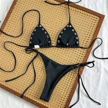 Sexy Black Rivet Holes Micro Bikini Thong Set Swimsuit Women 2026 String Halter Triangle Swimwear Bathing Suit Bikinis De Mujer