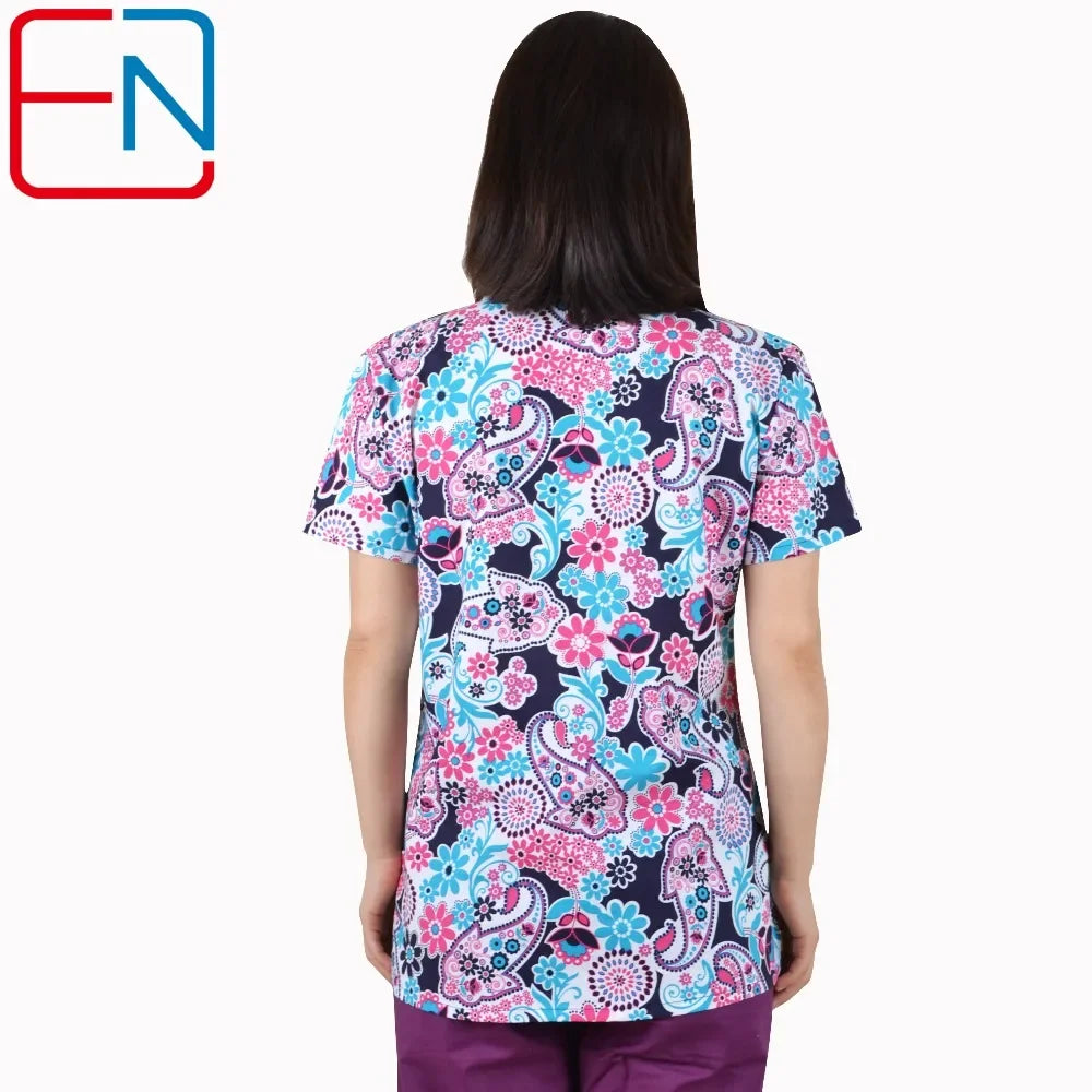 Hennar Print Vet Scrub Uniform For Women In 100% Cotton 4 pockets,XXS-5XL Pet Doctors Medical Scrub Tops