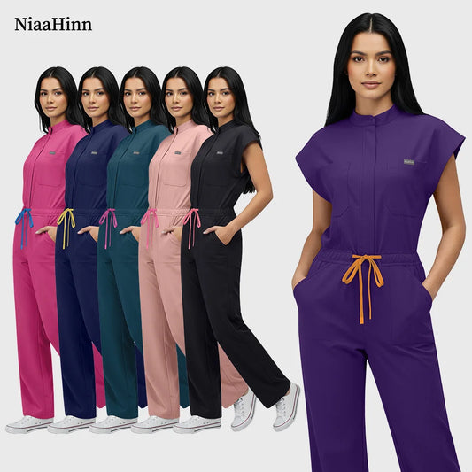 Niaahinn Operating Room Scrub Uniform Full Outfit & Veterinary Nurse Uniform with Bat Sleeve One-Piece Pet Grooming Work Clothes