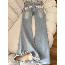 Y2K Fleece Flare Jeans Women Harajuku Streetwear Lace Bow Denim Pants Winter Fashion Sweet Cute High Waist Slim Design Trousers