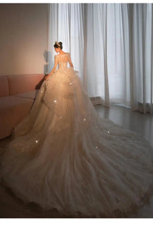 2024 Long Sleeve Beading Wedding Dress  Square Collar Luxury Sweep Train Winter Bridal Gowns Vestido De Noiva Customized