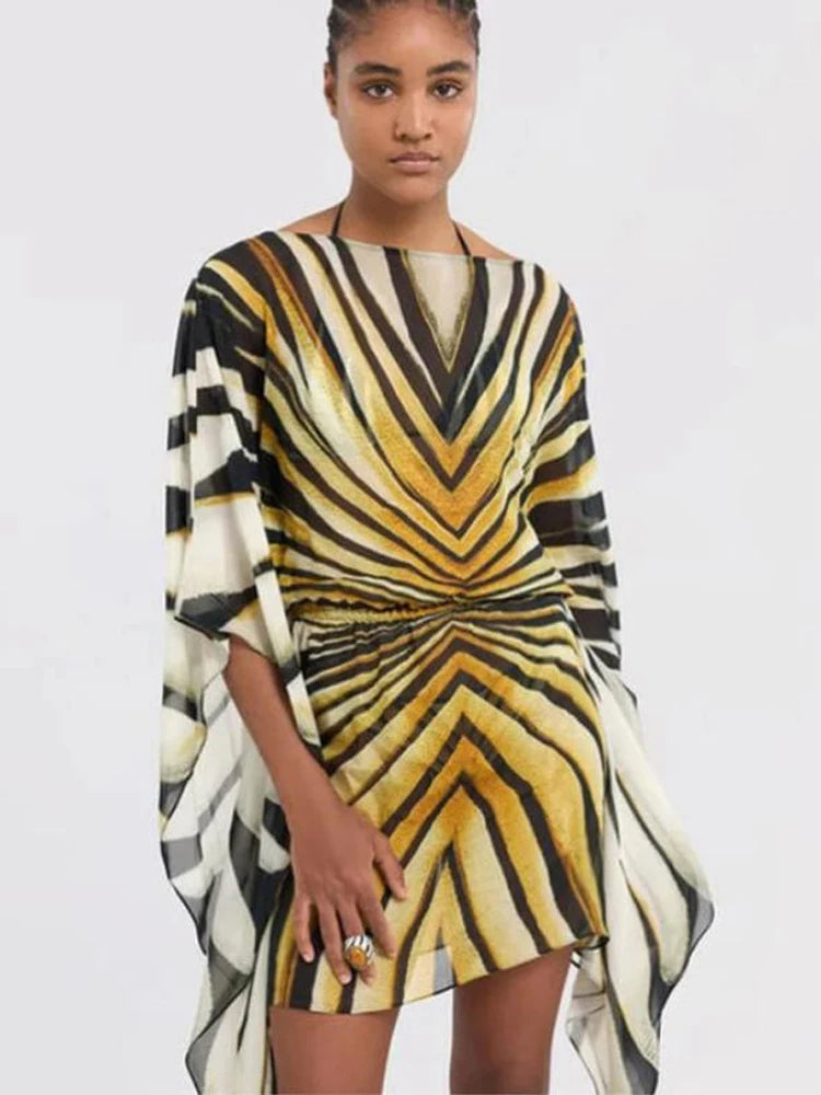 Holiday Loose Striped Mini Dress Women Round Neck Batwing Sleeve Lace Up Chic Dresses Female 2026 Summer Vacation Beach Robes