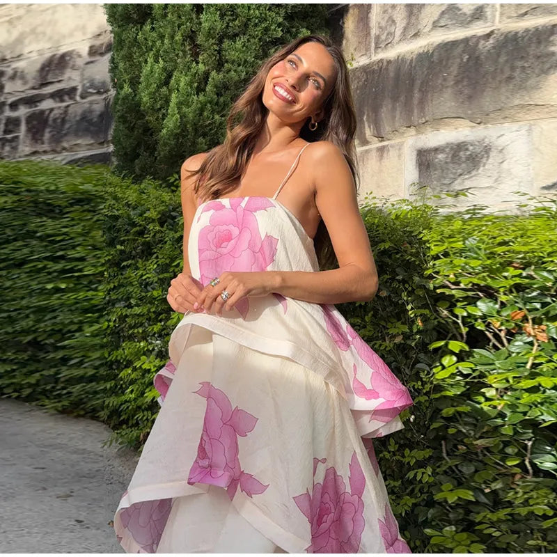 Women Printed V Neck Long Dress Flared Sleeve Lotus Leaf Edge High Waist Slim Fit Maxi Dresses Lady Elegant Evening Party Dress