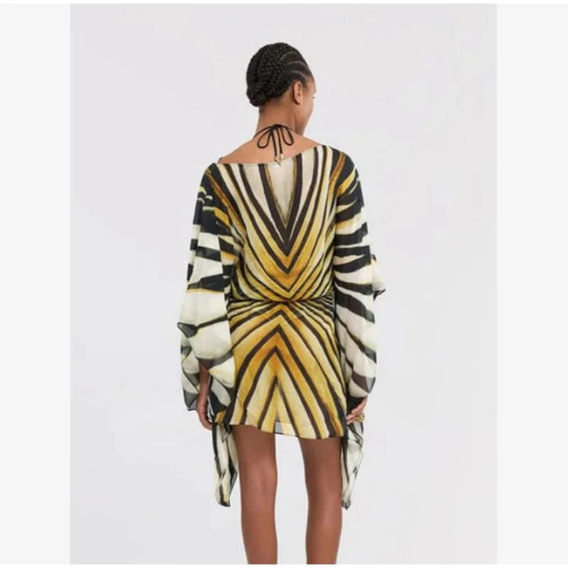 Holiday Loose Striped Mini Dress Women Round Neck Batwing Sleeve Lace Up Chic Dresses Female 2026 Summer Vacation Beach Robes