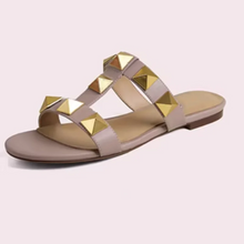 Women Soft Leather Stud Flat Shoes Open Toe Summer Black White Brown Slippers Seam Retro Leisure Slides EU34-43 Big Gold Rivets