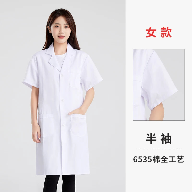 Long Sleeve White Lab Coat Work Uniform for Women Short Sleeve Summer Student Doctor Suit Male Lab Coat Isolation Gown