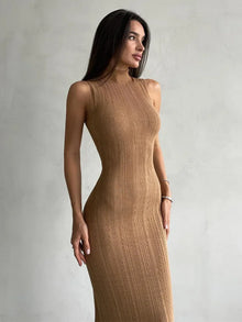 2025 Spring Sleeveless Knitwear Turtleneck Long Dress Female Slim Elegant Fashion Autumn Ribbed Knit Dress For Women Maxi Dress