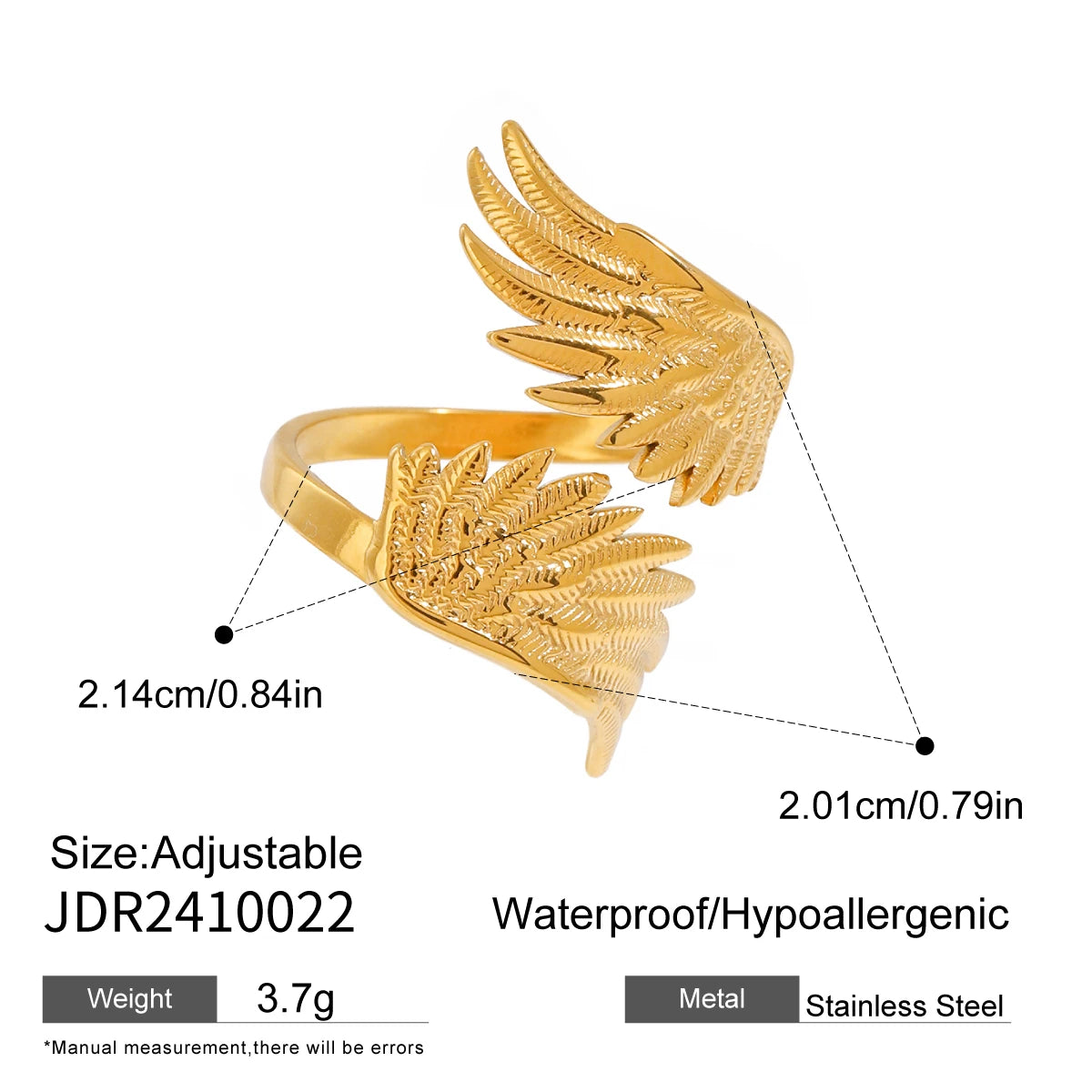 Uworld Minimalist Designer 18K Gold Color Plated Angel Wings Open Rings Trendy Waterproof Stainless Steel Jewelry кольцо женское