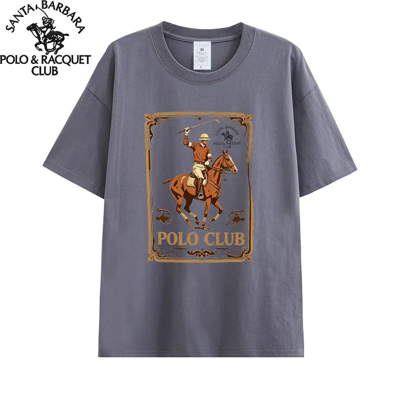 Santa Barbara Polo & Racquet Club Men's T-shirt Vintage Polo Player Print 100% Cotton Casual O-Neck Tee