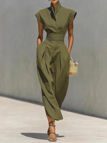 Summer New High Waist Pocket Dress Elegant Lady Slim Pleated Midi Dresses Fashion Solid Stand Collar Sleeveless Commuting Dress