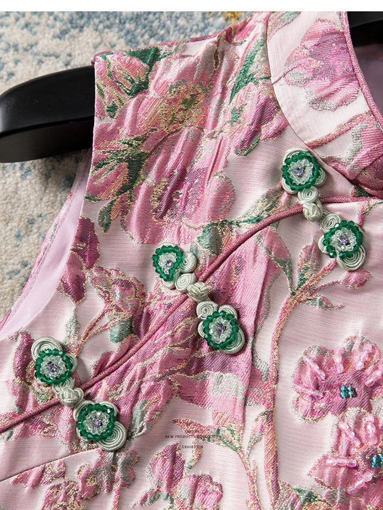 Women Peony Chinese Style Beaded Rhinestone Cheongsam Dress Mandarin Collar Sleeveless Luxury Party Vintage Dress