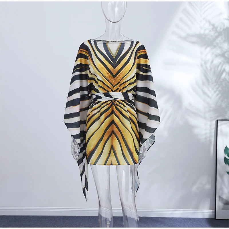 Holiday Loose Striped Mini Dress Women Round Neck Batwing Sleeve Lace Up Chic Dresses Female 2026 Summer Vacation Beach Robes