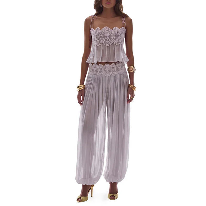 Women Pant Set Sheer Layers Spaghetti Strap Backless Lace Top Straps Solid Loose Straight Elastic Hem Fashion Beach Chic Suits