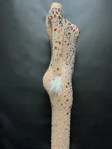 Sparkly pearl Rhinestone Transparent Long Dress Evening Birthday Celebrate Party Luxurious Costume Dancer Flashing Dress
