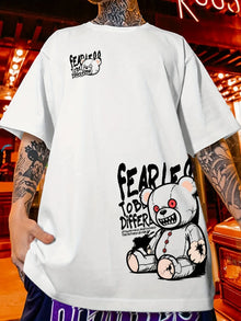 New Men's Summer Teddy Bear Toy Letter Printed Comfortable and Breathable Round Neck T-shirt Outdoor Street Versatile Top