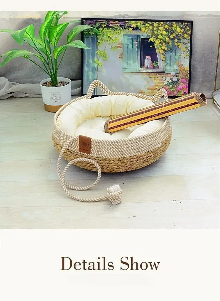 Vine Woven Cat Bed Pet Bed All-weather Comfortable Sleep 35/40cm Cat Bed Circular Cat House Puppy Bed Home Pet Supplies